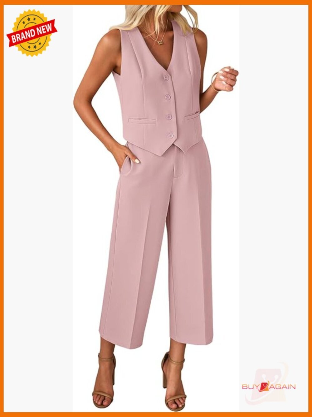 Dressy Casual 2 Piece Set Sleeveless Blazer Vest Wide Leg Capri Pants Work